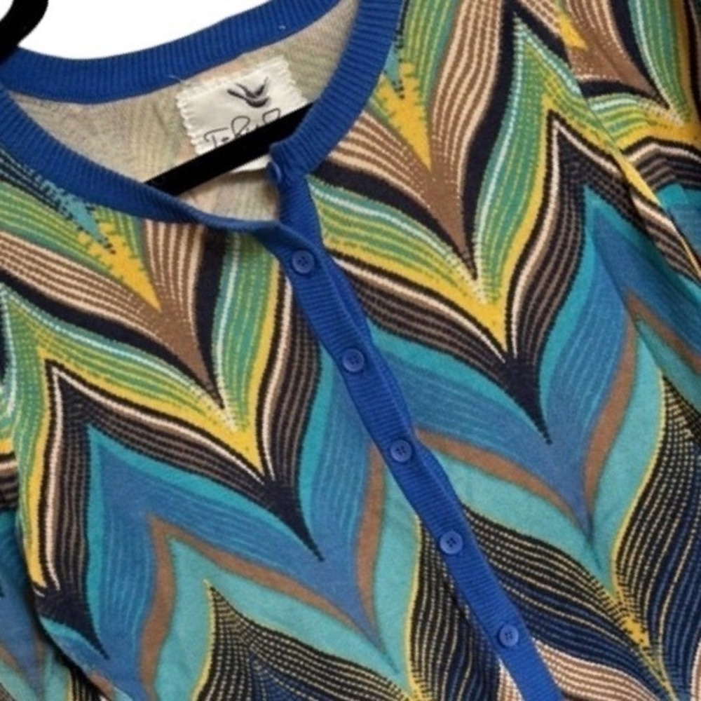 Tabitha Anthropologie Blue Green Chevron Zigzag Cotton Cardigan Sweater XS